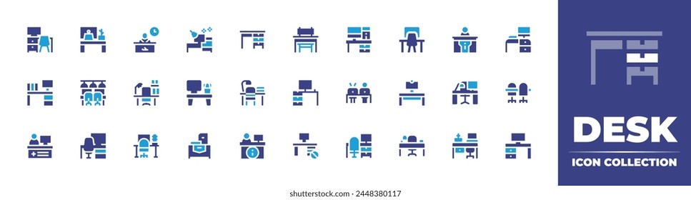 Desk icon collection. Duotone color. Vector illustration. Containing workplace, office table, desk, info, reception desk, information desk, workspace, help, office, desktop, coworking, absent.