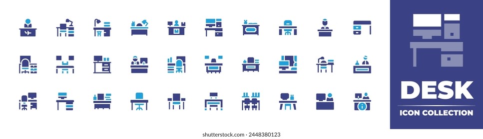 Desk icon collection. Duotone color. Vector illustration. Containing check in desk, desk, check in, work, workspace, receptionist, businessman, workplace, teacher desk, office, office.