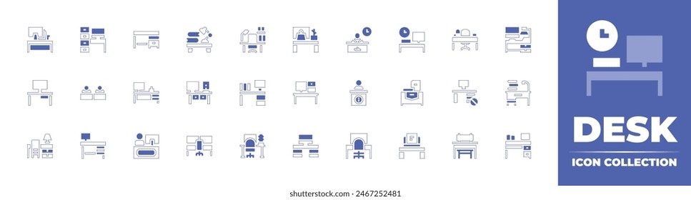 Desk icon collection. Duotone style line stroke and bold. Vector illustration. Containing reception, desk, desk arrangement, information desk, computer, studio, office, workplace, workspace, stand.