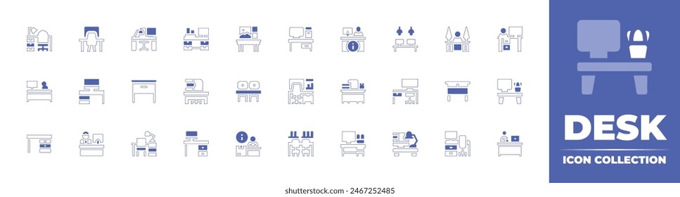 Desk icon collection. Duotone style line stroke and bold. Vector illustration. Containing workplace, coworking space, desk, office, receptionist, table, desktop, computer, info point.