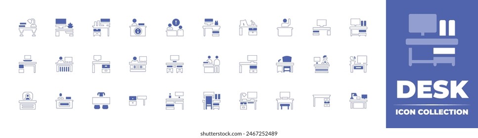 Desk icon collection. Duotone style line stroke and bold. Vector illustration. Containing information, in person, student in class, boss, workplace, desk, school desk, information desk, receptionist.