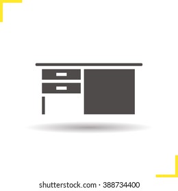 Desk icon. Drop shadow writing desk silhouette symbol. Office and house wooden furniture item. Writing desk logo concept. Isolated vector illustration
