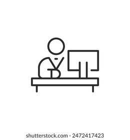 Desk icon. Features a streamlined modern computer desk with a monitor, ideal for web and app design related to office furniture, home offices, and workspaces. Vector illustration