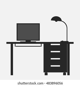 Desk, icon desk, lamp illustration, illustration of the monitor.  Flat design, vector image. Vector.