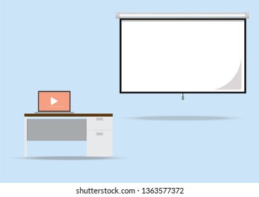 Desk Icon, Laptop flat icon, Projector screen, Presentation board.