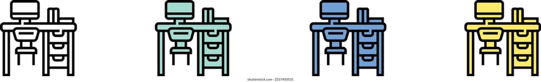 desk icon. Outline, Green, Blue and Yellow Style Design Isolated On White Background
