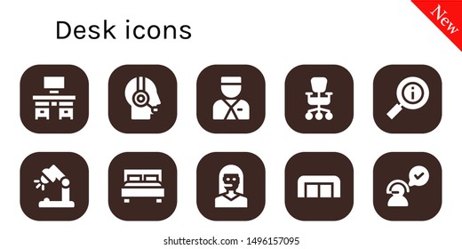 desk icon set. 10 filled desk icons.  Simple modern icons about  - Desk, Customer service, Bellboy, Office chair, Information, lamp, Double bed, Teleoperator, Sofa