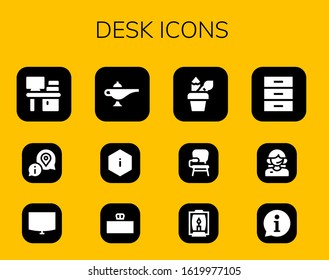 desk icon set. 12 filled desk icons.  Simple modern icons such as: Desk, Information, Night stand, Lamp, Pencil case, chair, Cabinet, Customer service