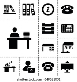 Desk icon. set of 13 filled desk icons such as desk phone, office desk, man with laptop, binder, man working at the table