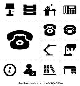 Desk icon. set of 13 filled deskicons such as office desk, man with laptop, desk phone, binder, man sleeping on table, table lamp, table box