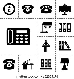 Desk icon. set of 13 filled deskicons such as airport desk, desk phone, binder, man sleeping on table, restaurant table, info