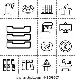Desk icon. set of 13 outline desk icons such as airport desk, desk phone, table, man sleeping on table, binder