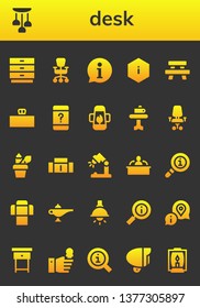desk icon set. 26 filled desk icons.  Collection Of - Drawers, Lamp, Office chair, Information, Table, Desk, Customer service, chair, Pencil case, Sofa, lamp, Interview