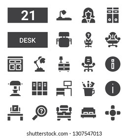 desk icon set. Collection of 21 filled desk icons included Coffee table, Double bed, Tv table, Information, Workplace, Pencil case, Desk, Archive, lamp, chair, Nightstand