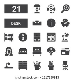 desk icon set. Collection of 21 filled desk icons included Desk chair, Pencil case, Drawers, lamp, Archive, Sensu, Single bed, Double bed, Reception, Furniture, Archives