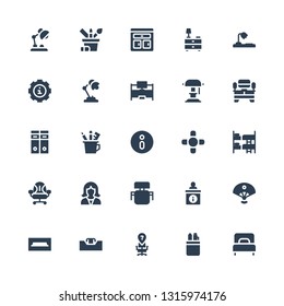 desk icon set. Collection of 25 filled desk icons included Single bed, Pencil case, Desk chair, Tv table, Sensu, Information, Reception, Bunk, Coffee table, Information sign
