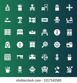 desk icon set. Collection of 36 filled desk icons included Pencil case, Desk lamp, Tv table, chair, Telemarketing, Furniture, Archive, Info, Information, Night stand