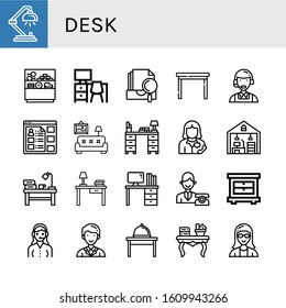 desk icon set. Collection of Desk lamp, Counter, Desk, Archive, Table, Customer service, Information, Living room, Secretary, Home office, Reception, Closet, Coffee table icons