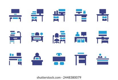 Desk icon set. Duotone color. Vector illustration. Containing desk, workplace, reception, work space, computer, desktop, logistic, table.