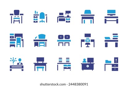 Desk icon set. Duotone color. Vector illustration. Containing school desk, desk, reception, absent, workspace, folder.