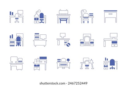 Desk icon set. Duotone style line stroke and bold. Vector illustration. Containing desk, workspace, overwork, table.