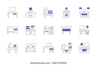 Desk icon set. Duotone style line stroke and bold. Vector illustration. Containing check in, desk, table, overload, front desk, workplace, information, teacher desk.
