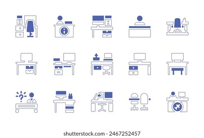 Desk icon set. Duotone style line stroke and bold. Vector illustration. Containing desk, school desk, reception, desktop, absent, workplace, work table, office chair, workspace.