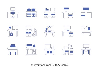 Desk icon set. Duotone style line stroke and bold. Vector illustration. Containing desk, help desk, reception, workspace, workplace.