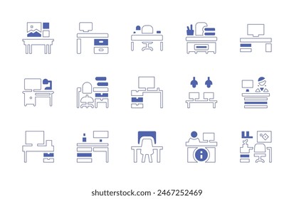 Desk icon set. Duotone style line stroke and bold. Vector illustration. Containing workplace, coworking space, workspace, office table, office desk, desk, info, reception, teacher.