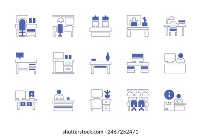 Desk icon set. Duotone style line stroke and bold. Vector illustration. Containing check in, computer, desk, reception, workspace, table, coworking, work table, office, info point.