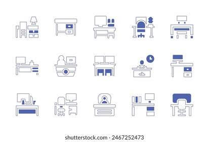 Schreibtisch-Symbolsatz. Linienstrich im Duotonstil und fett. Vektorillustration. Enthaltene Arbeitsplatz, Empfang, Schreibtisch, Chef, Informationsschalter.