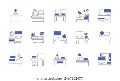 Desk icon set. Duotone style line stroke and bold. Vector illustration. Containing information desk, teacher desk, desk, reception, workspace, workplace, office, counter.