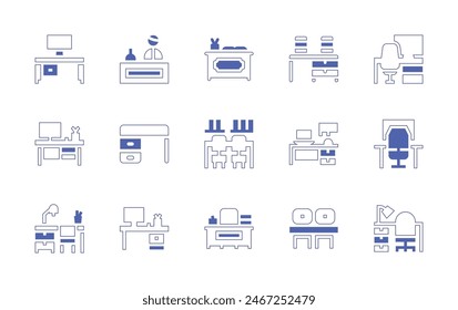 Desk icon set. Duotone style line stroke and bold. Vector illustration. Containing desk, receptionist, workplace, office.