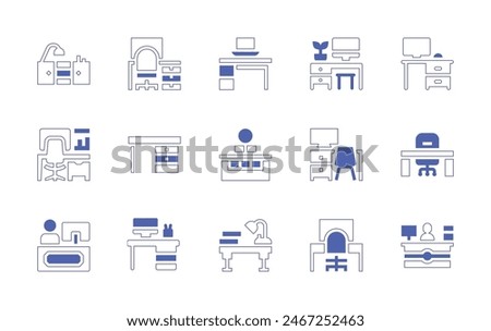 Desk icon set. Duotone style line stroke and bold. Vector illustration. Containing reception, desk, workplace, information desk, office desk.