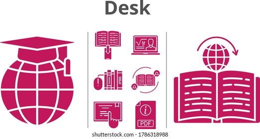 desk icon set. included feedback, professor, ebook, books, pdf, school, touchscreen, learning icons. filled styles.