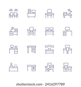 Desk icon set. Thin line icon. Editable stroke. Containing coworkingspace, books, table, absent, overwork, desk, workplace.