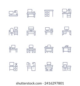 Desk icon set. Thin line icon. Editable stroke. Containing coworkingspace, office, workspace, computer, workplace, desk, teacherdesk, table.