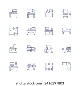 Juego de iconos de escritorio. Icono de línea delgada. Trazo editable. Consta de profesor, espacio de trabajo, stand, trabajador, escritorio, escritorio, escritorio, oficina, oficina.