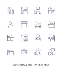 Juego de iconos de escritorio. Icono de línea delgada. Trazo editable. Consta de espacio de trabajo, lugar de trabajo, información, escritorio, escritorio, oficina, recepcionista.