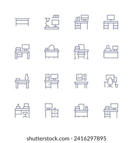 Juego de iconos de escritorio. Icono de línea delgada. Trazo editable. Consta de mesa, espacio de trabajo, mesa de trabajo, estudio, escritorio, oficina, recepción, oficina.