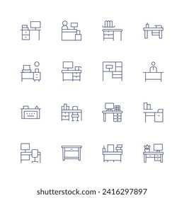 Juego de iconos de escritorio. Icono de línea delgada. Trazo editable. Consta de lugar de trabajo, estación de trabajo, recepción, recepcionista, escritorio, oficina, escritorio de profesores, trabajo.