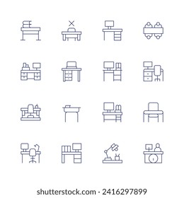 Desk icon set. Thin line icon. Editable stroke. Containing table, workplace, absent, desk, desklamp, deskarrangement, receptionist.