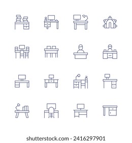 Desk icon set. Thin line icon. Editable stroke. Containing overwork, worktable, workspace, workplace, desk, newsanchor, deskarrangement, boss.