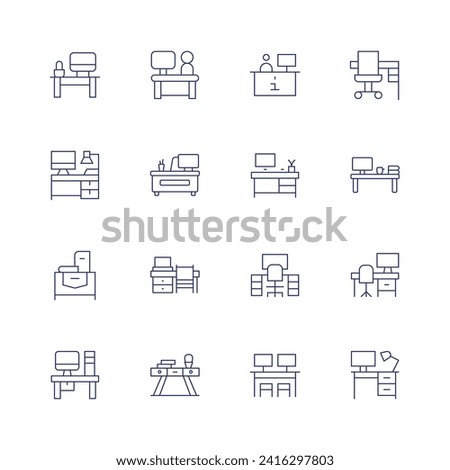 Desk icon set. Thin line icon. Editable stroke. Containing teacher, workspace, stand, worker, desk, informationdesk, officedesk, office.