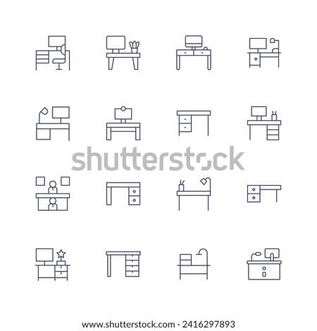 Desk icon set. Thin line icon. Editable stroke. Containing workplace, workspace, humanresources, desk, officedesk, information.