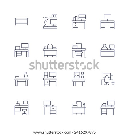 Desk icon set. Thin line icon. Editable stroke. Containing table, workspace, worktable, studio, desk, officedesk, reception, office.