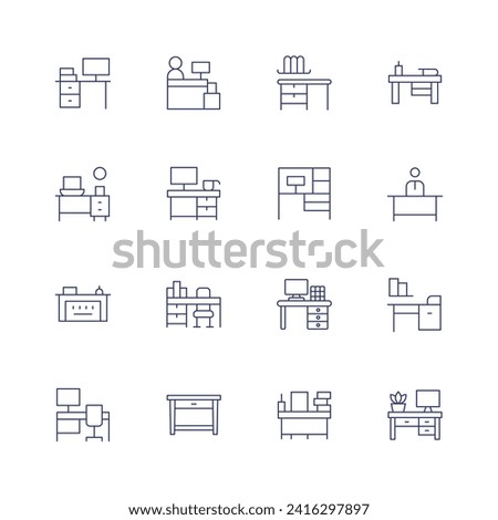 Desk icon set. Thin line icon. Editable stroke. Containing workplace, workstation, reception, receptionist, desk, officedesk, teacherdesk, job.