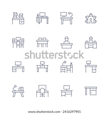 Desk icon set. Thin line icon. Editable stroke. Containing overwork, worktable, workspace, workplace, desk, newsanchor, deskarrangement, boss.