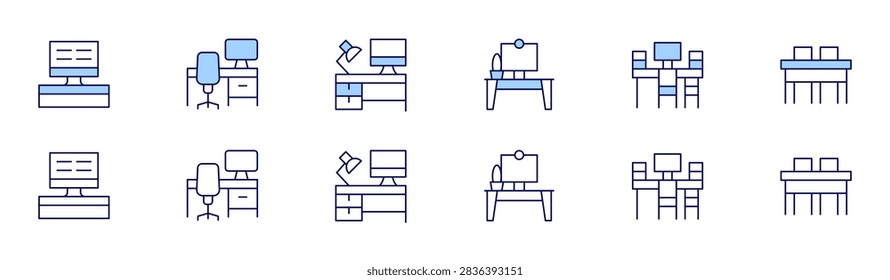Desk icon set in two styles, Duotone and Thin Line style. Editable stroke. computer, workplace, workspace, worktable, desk
