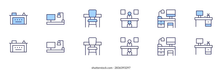 Desk icon set in two styles, Duotone and Thin Line style. Editable stroke. reception, coworkingspace, desk, humanresources